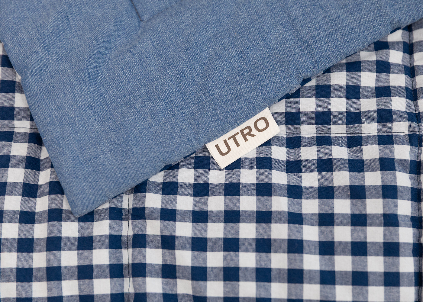 Одеяло из вареного хлопка, синий меланж + синий клетчатый. Фото 3.