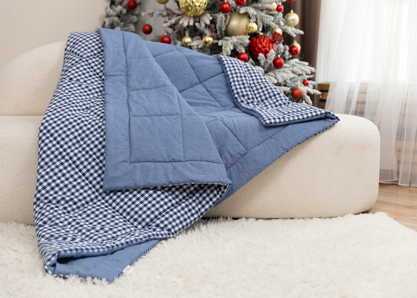 Одеяло из вареного хлопка, синий меланж + синий клетчатый. Фото 0.