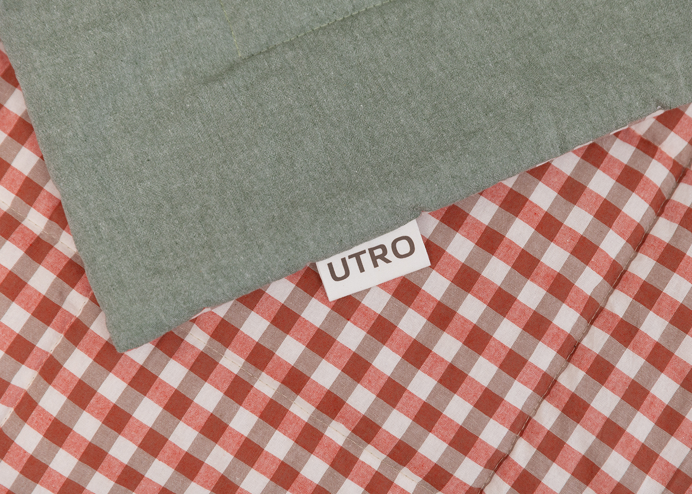 Одеяло из вареного хлопка, зеленый меланж + красный клетчатый. Фото 3.