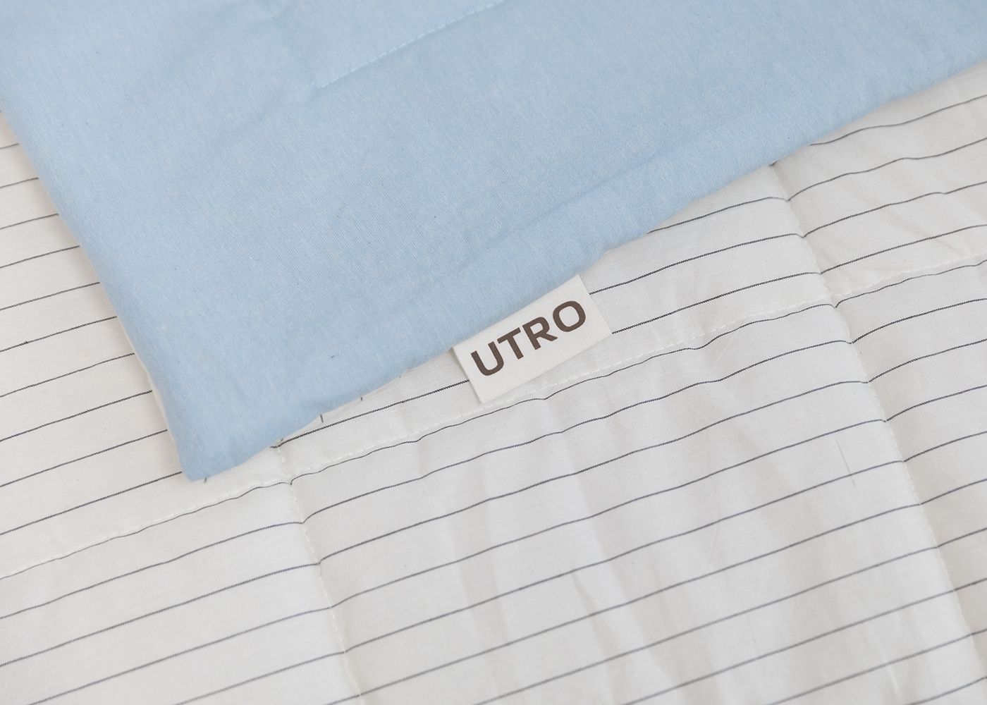 Одеяло из вареного хлопка, голубой меланж + белый в полоску. Фото 3.