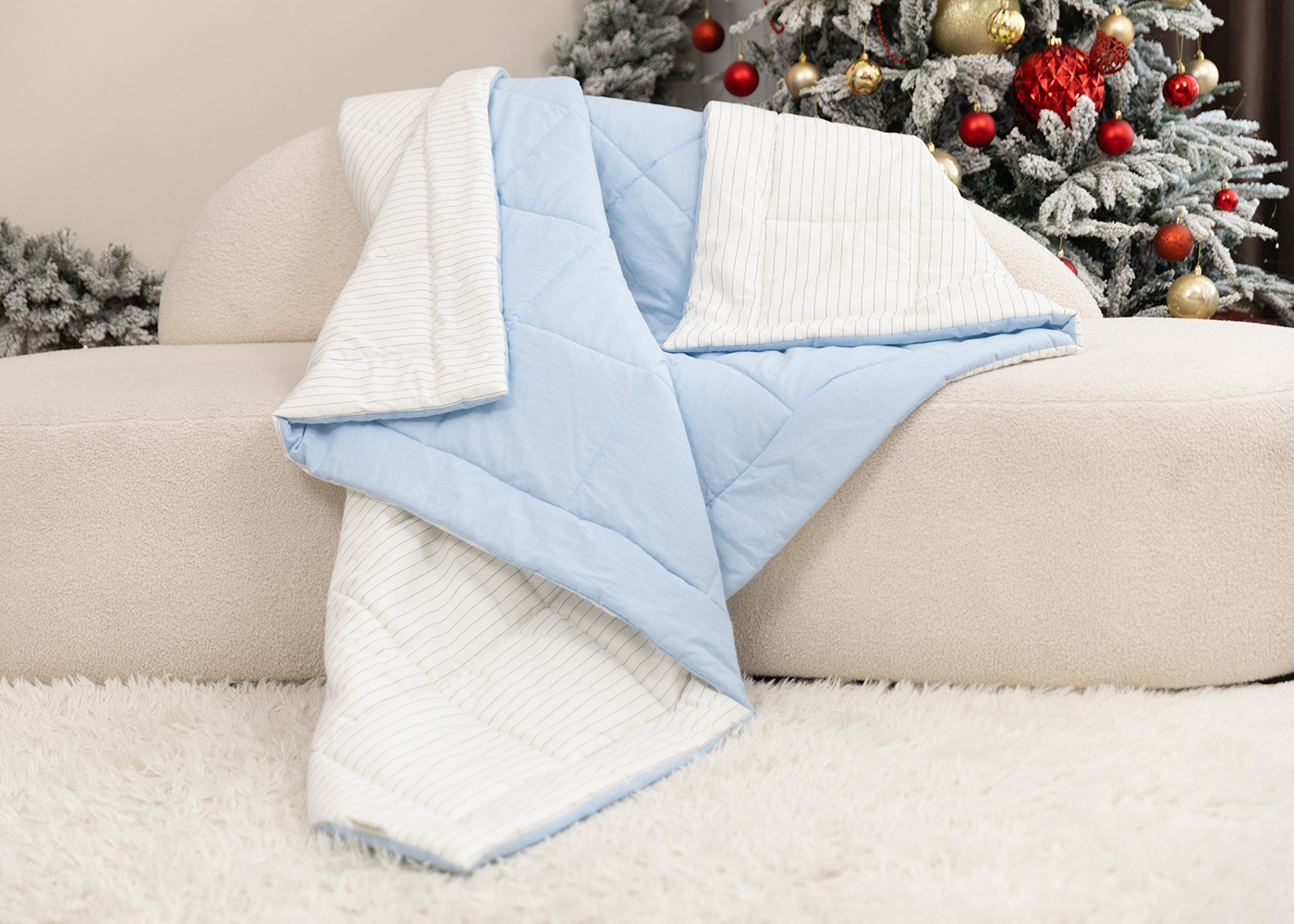 Одеяло из вареного хлопка, голубой меланж + белый в полоску. Фото 0.