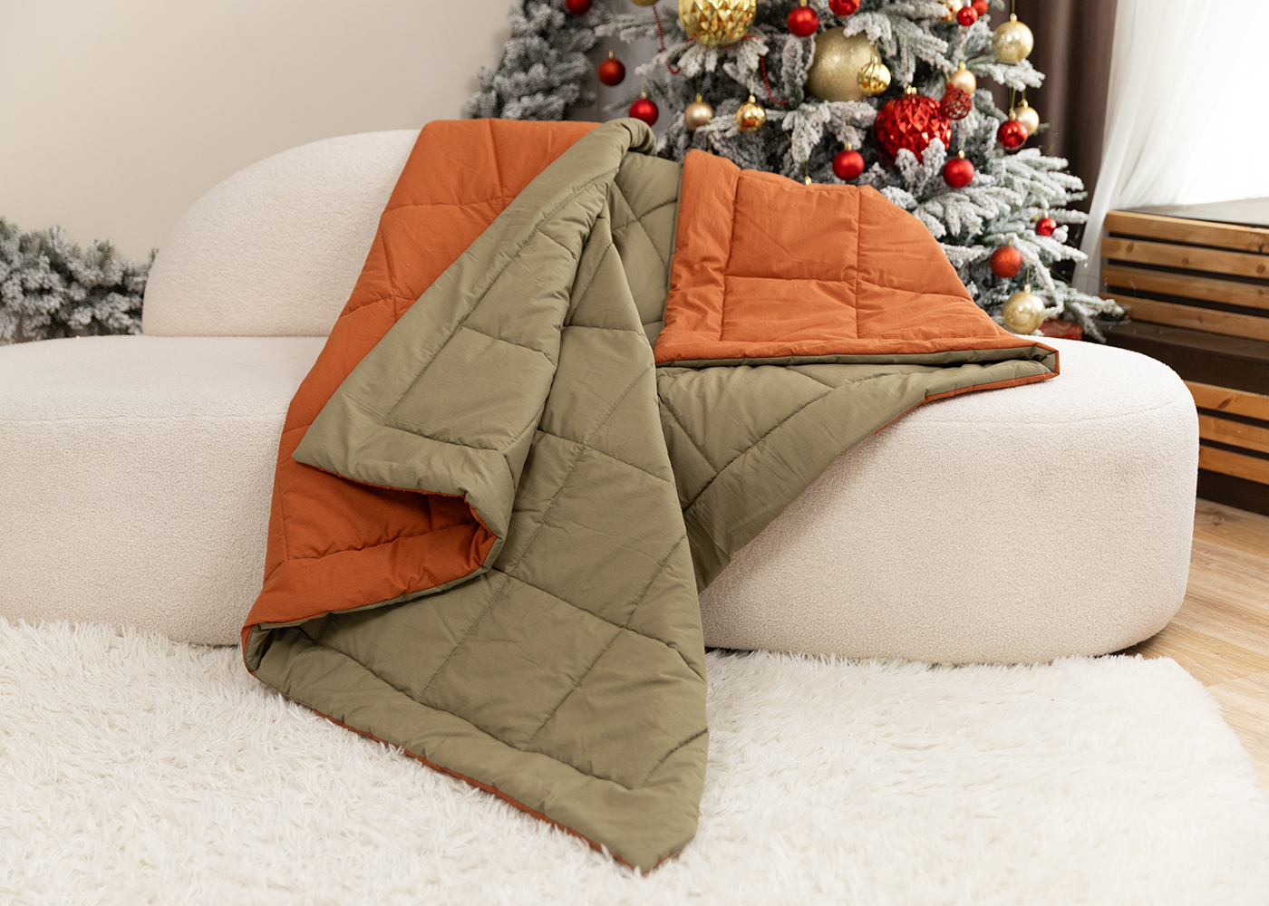 Одеяло из перкали, терракотовый + хаки. Фото 0.