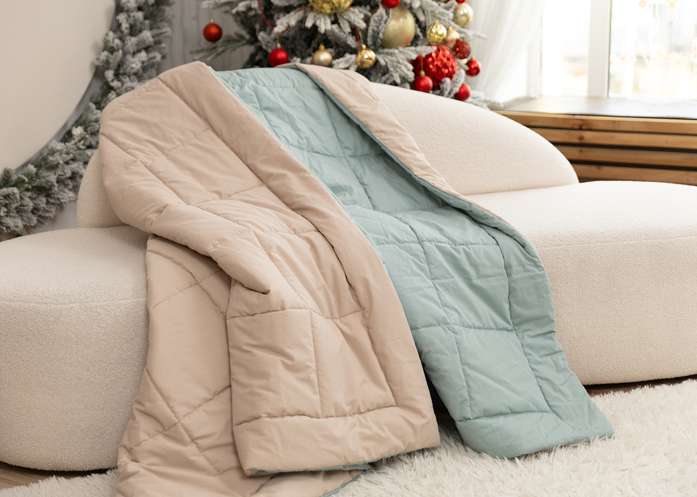 Одеяло из перкали, аквамарин + бежевый. Фото 0.