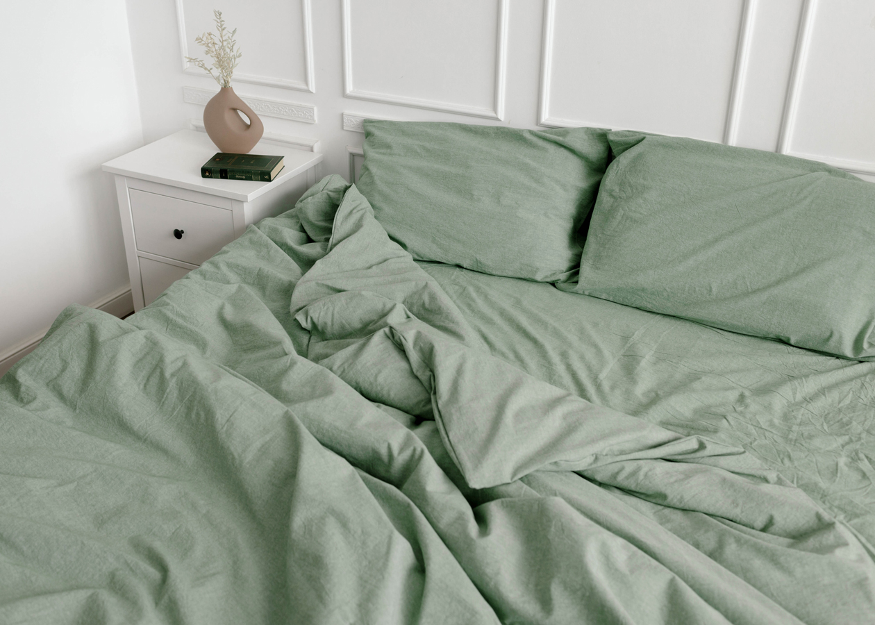 Комплект постельного белья UTRO из вареного хлопка, Зеленый меланж, Евро без резинки, 50 х 70 см. Фото 0.