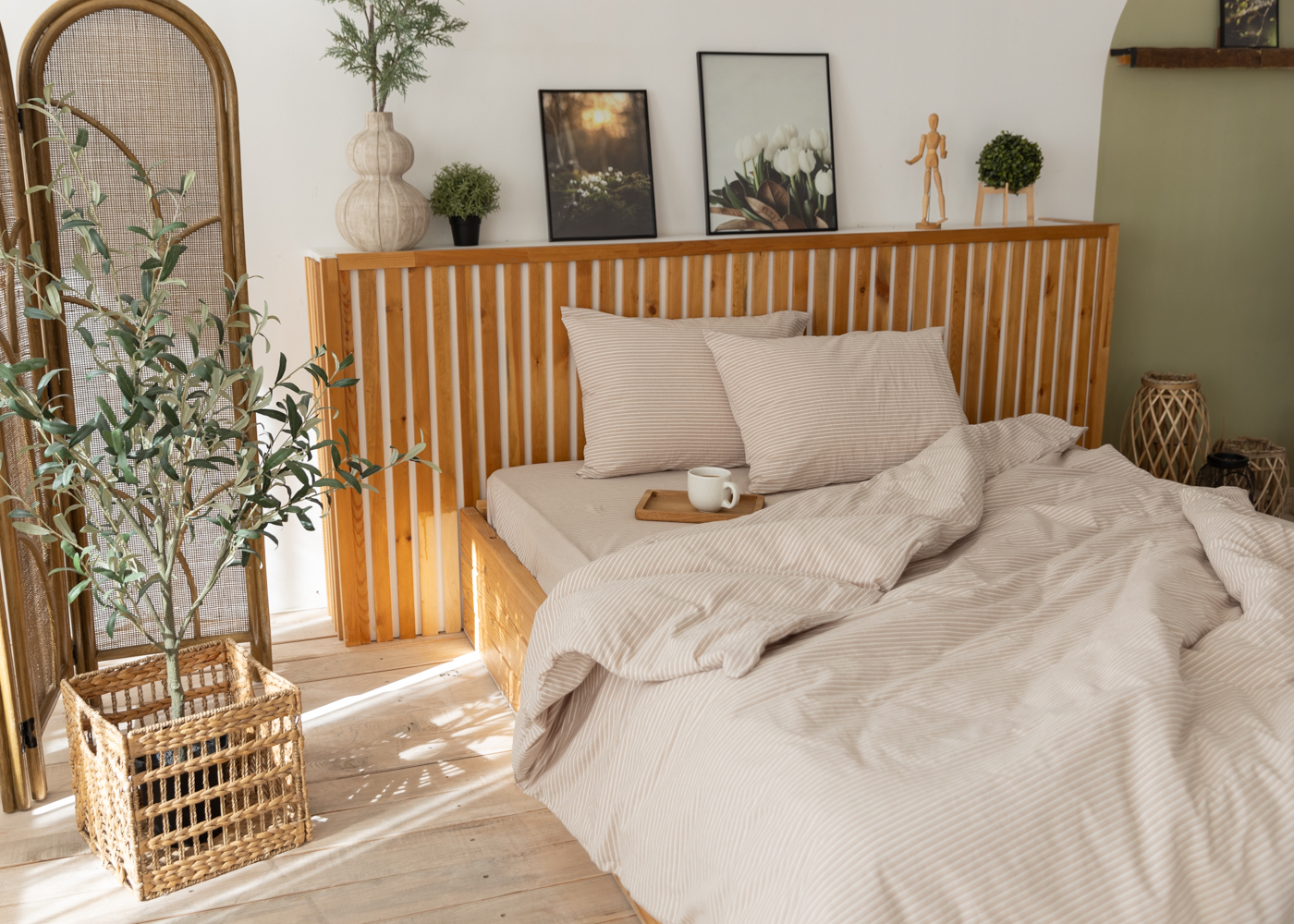 Комплект постельного белья UTRO из вареного хлопка, Бежевый в полоску, Евро, на резинке, 70 x 70 см. Фото 0.